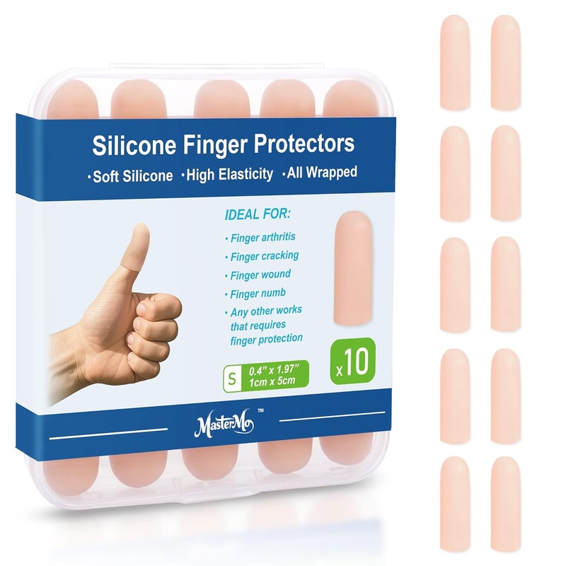 MasterMo Gel Finger Cots Protectors, Silicone Fingers Covers Bandages Caps Sleeves for Fingertip Thumb Protection, Ideal for Trigger, Arthritis, Cracking, Blisters, Callus, Hangnail & Pain Relief (Nude, S, 10PCS) - Image 1
